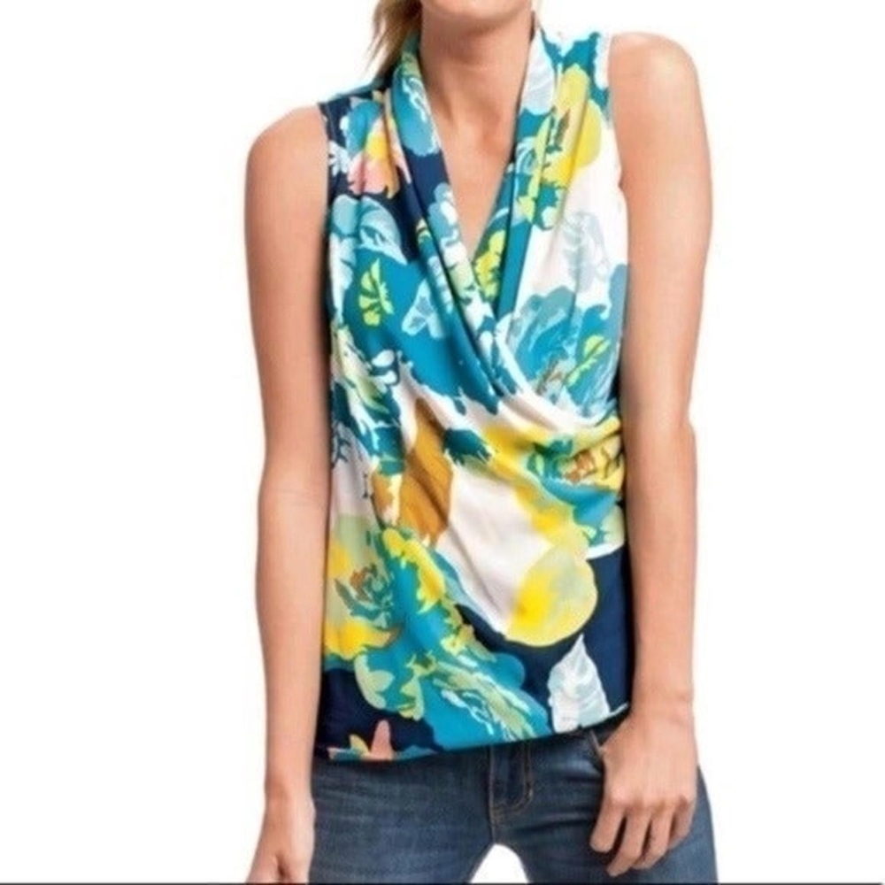 Cabi Petals Blouse Sleeveless Floral Surplice Faux Wrap Top Size Medium